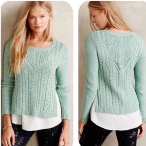 ANTHROPOLOGIE MOTH Ella Cable Knit Layered Hem Sweater Seafoam Green Women’s Med